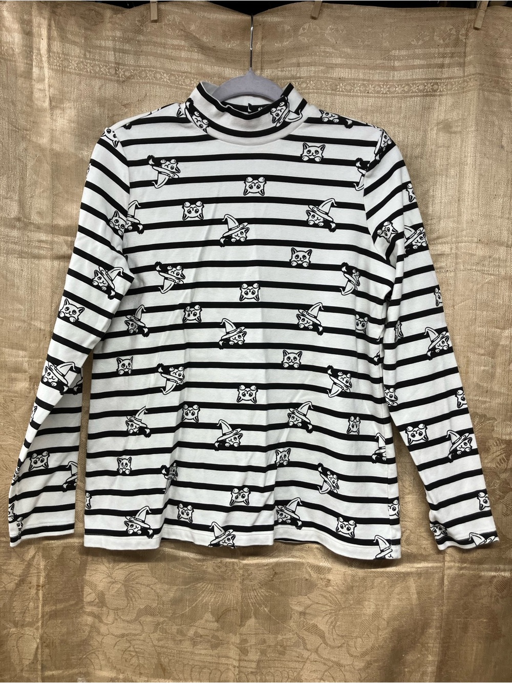 Kim Rogers Black & White Striped Long-Sleeve Turtleneck with Halloween Cat Faces